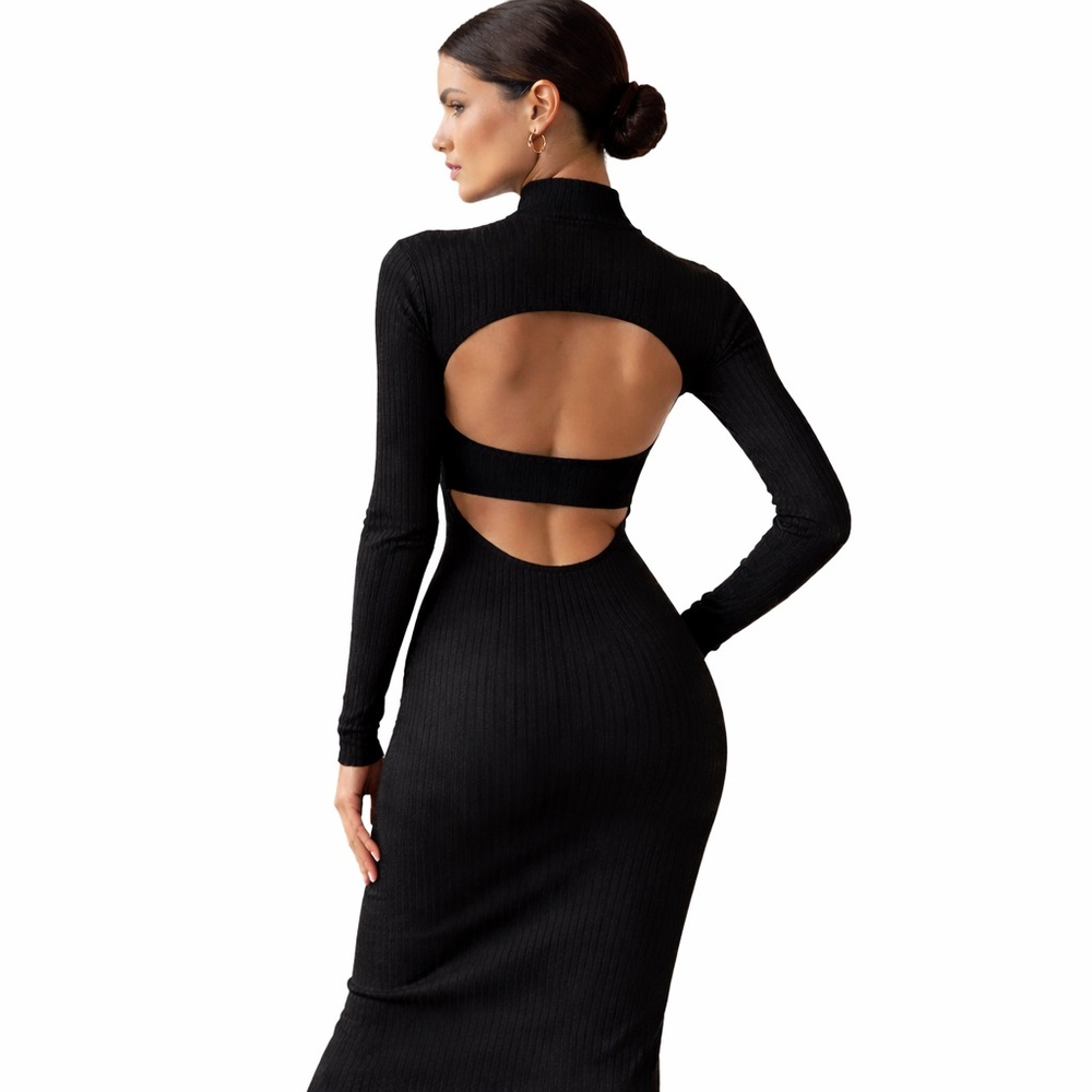 Open Back Mock Neck Black Midi Dress - Architectural Ribbed